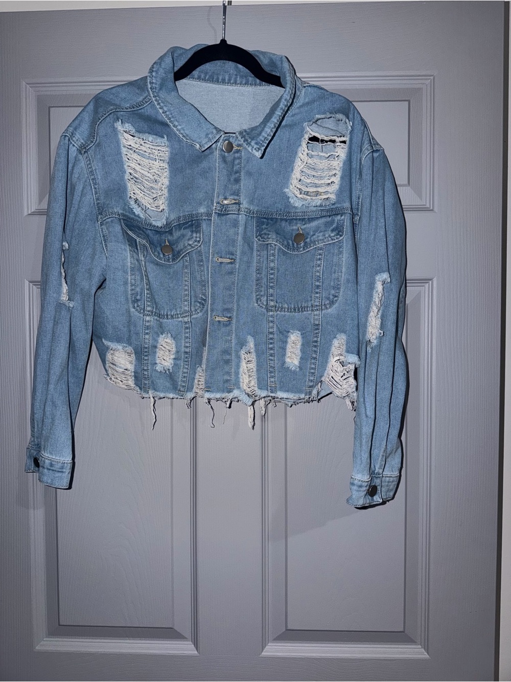 Distressed Cropped Light Blue Denim Jacket - Women's